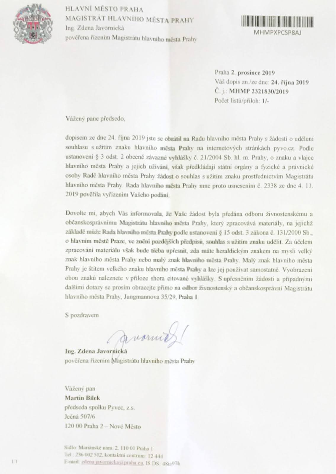 Dopis od Prahy, že můžeme používat erb